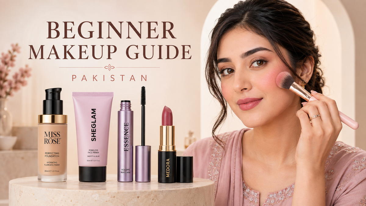 Beginner makeup guide for Pakistan featuring Miss Rose, SHEGLAM, Essence and Medora