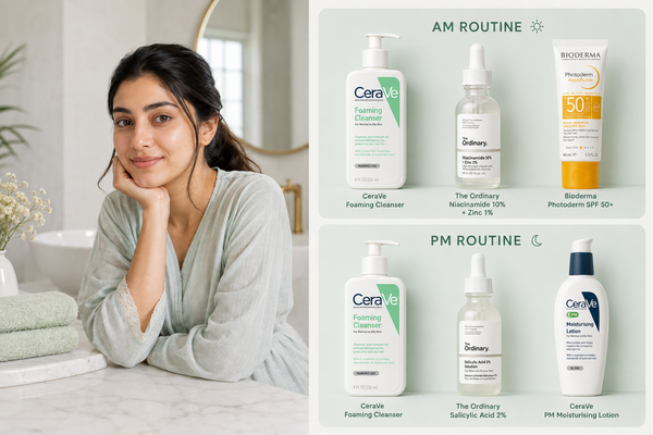 AM and PM skincare routine for oily skin in Pakistan with CeraVe, The Ordinary and Bioderma products