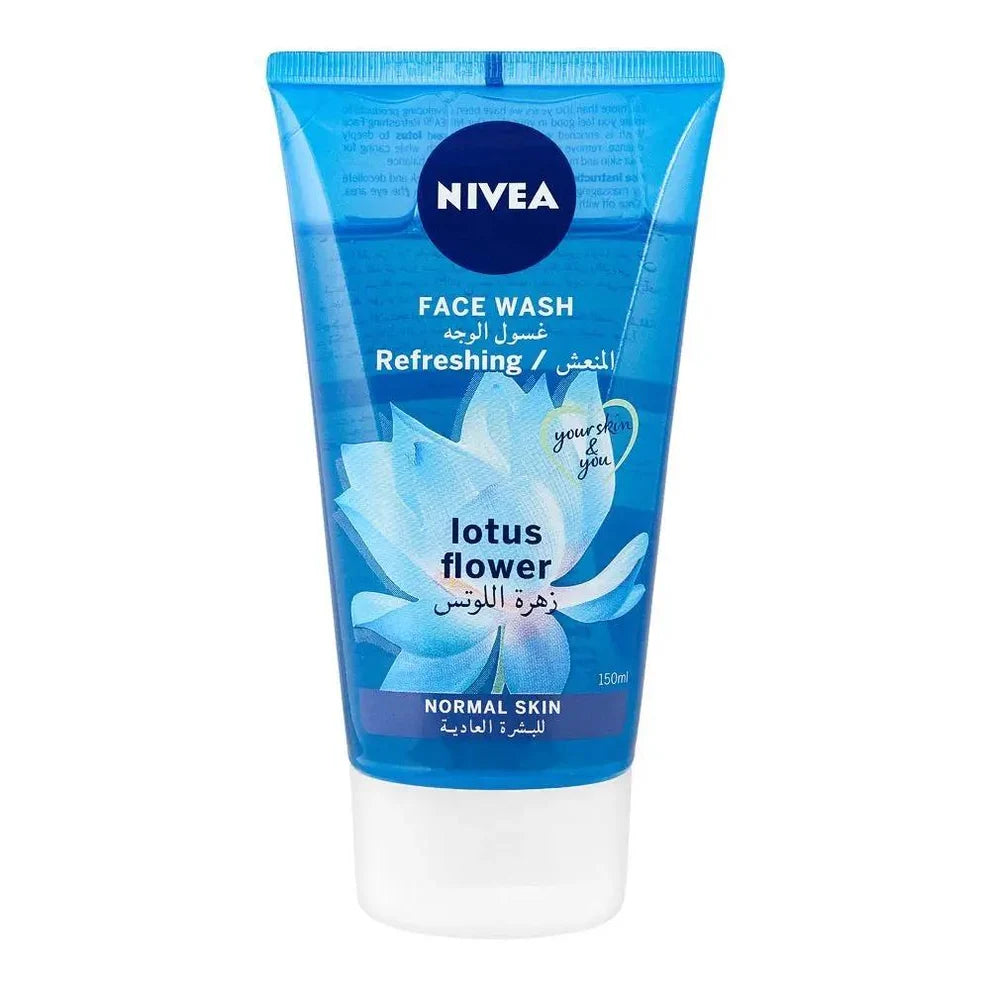 Nivea Refreshing Lotus Flower Face Wash in a blue squeeze tube with a white cap, shown on a plain white background.