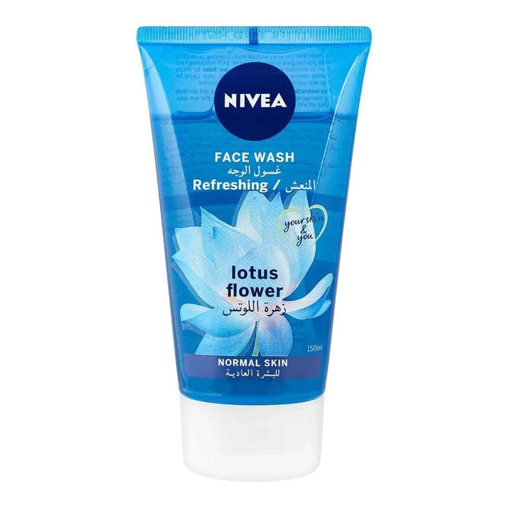 Nivea Refreshing Lotus Flower Face Wash in a blue squeeze tube with a white cap, shown on a plain white background.