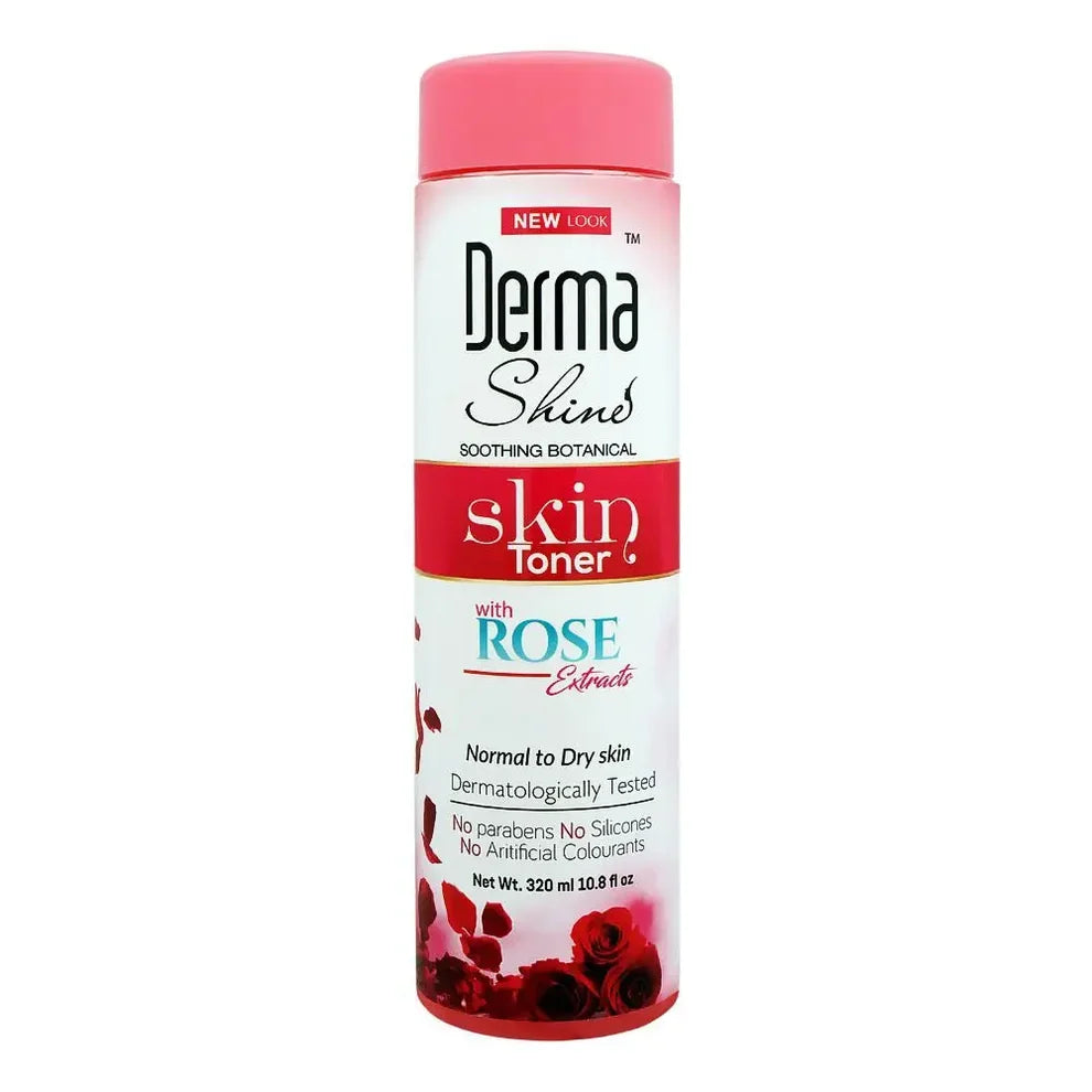 A 320 ml bottle of Derma Shine Skin Toner with Rose Extracts, featuring a white bottle body with a pink cap and red rose graphics at the bottom.