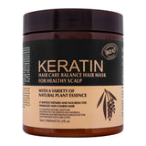 A 1000ml jar of Keratin Hair Care Balance Hair Mask for a healthy scalp, featuring a dark brown container with a black and beige label.