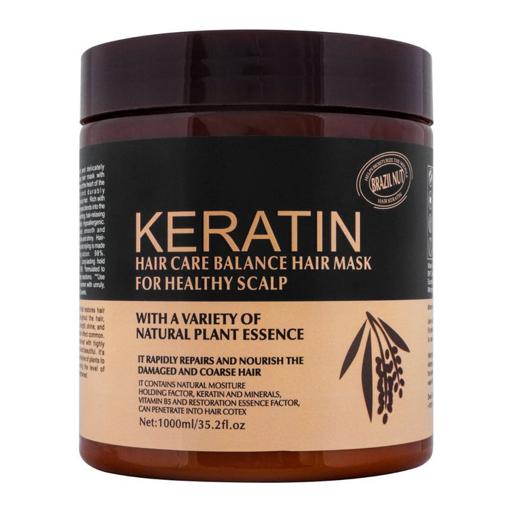A 1000ml jar of Keratin Hair Care Balance Hair Mask for a healthy scalp, featuring a dark brown container with a black and beige label.