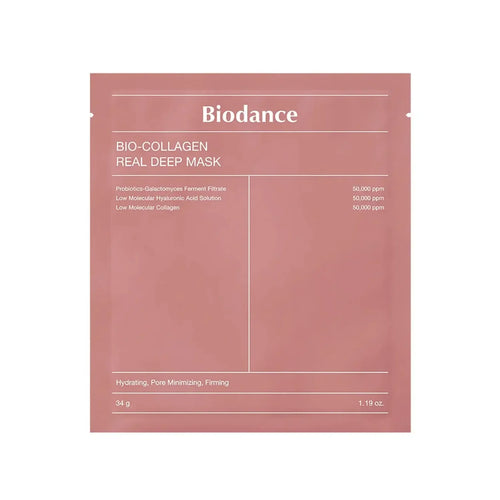 Biodance Bio-Collagen Real Deep Mask sheet packaging in a dusty rose color, displayed against a solid white background.
