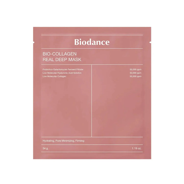 Biodance Bio-Collagen Real Deep Mask sheet packaging in a dusty rose color, displayed against a solid white background.