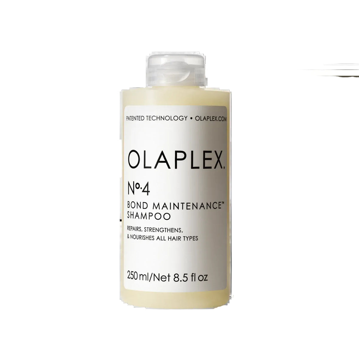 A 250 ml bottle of Olaplex No. 4 Bond Maintenance Shampoo, featuring a cream-colored label with black text and a clear cap, set against a plain white background.