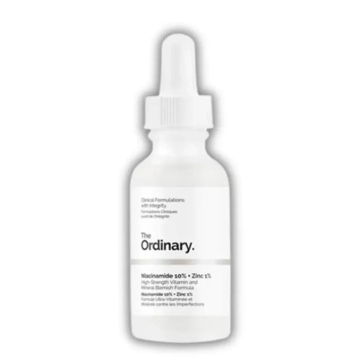 The Ordinary Niacinamide 50% + Zinc 1% serum in a white dropper bottle with a white label and black text, set against a plain white background.