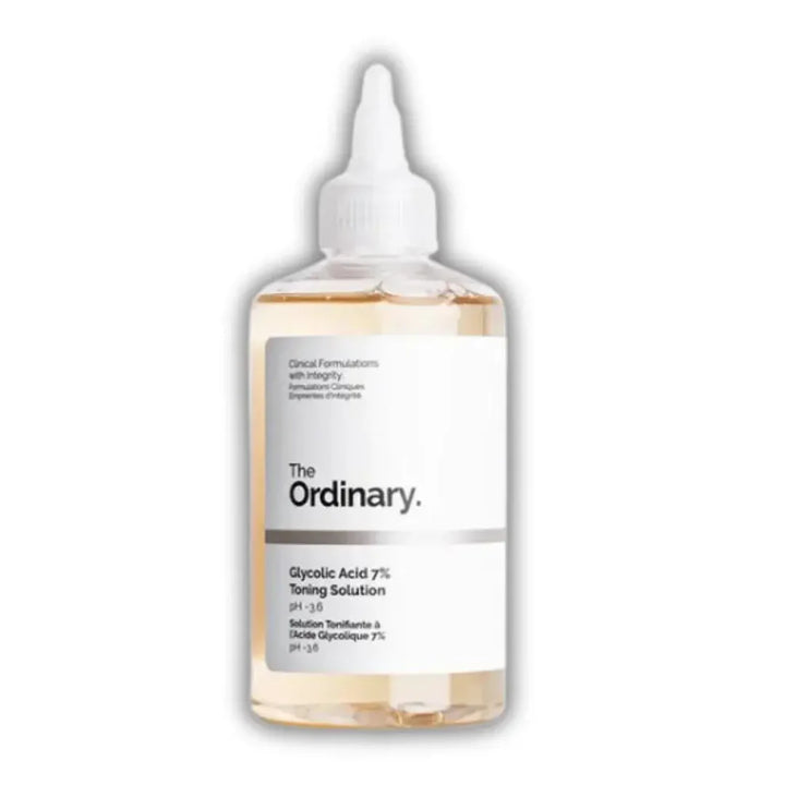 The Ordinary Glycolic Acid 7% Toning Solution in a clear plastic bottle with a white dropper cap, showing the pale yellow liquid inside, on a white background.