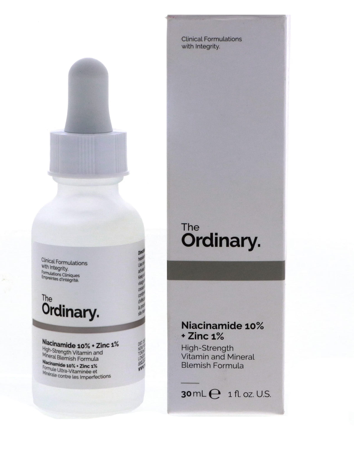 The Ordinary Niacinamide 50% + Zinc 1% serum in a white dropper bottle with a white label and black text, set against a plain white background.