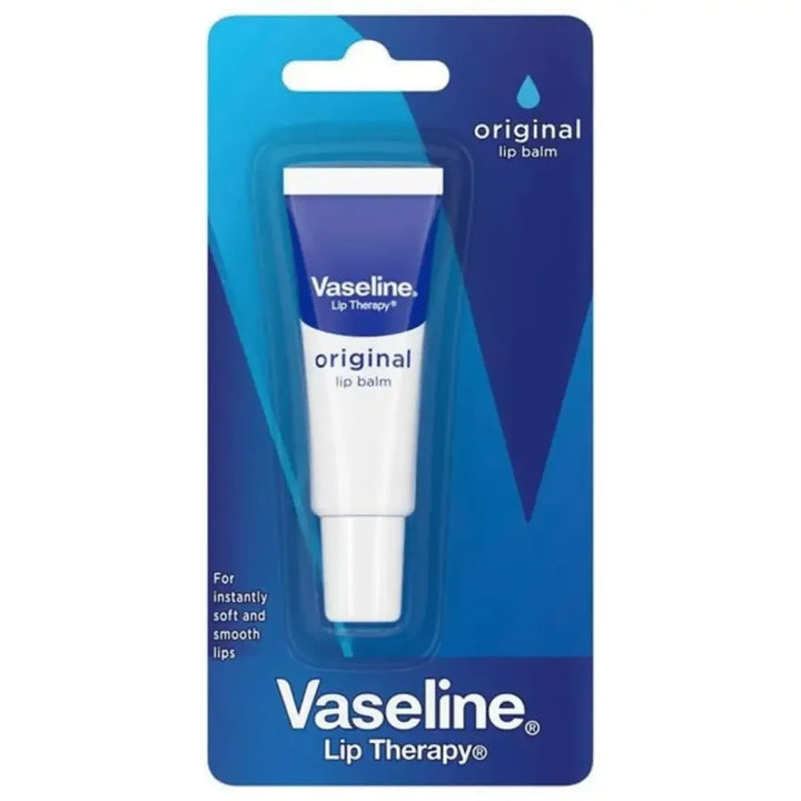 Vaseline Original Lip Balm in its original blue and white cardboard blister packaging.