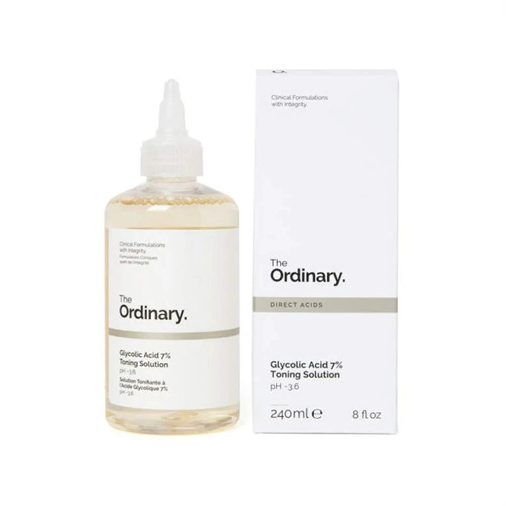 The Ordinary Glycolic Acid 7% Toning Solution in a clear plastic bottle with a white dropper cap, showing the pale yellow liquid inside, on a white background.